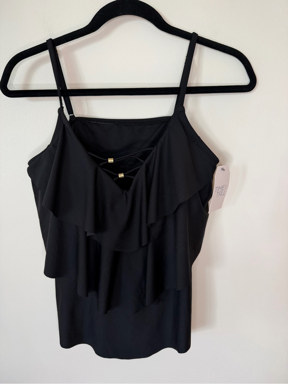 Time and True Black Ruffle Tiered Spaghetti Strap Tank swim suit top size M 8-10
